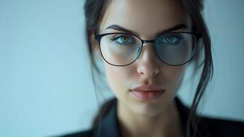 AI generated Focused Professional, close-up of a businesswoman wearing glasses, with a serious and focused expression as she looks directly at the camera, generative AI photo