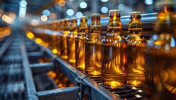 AI generated Bottles of beer on the conveyor belt in the factory. photo