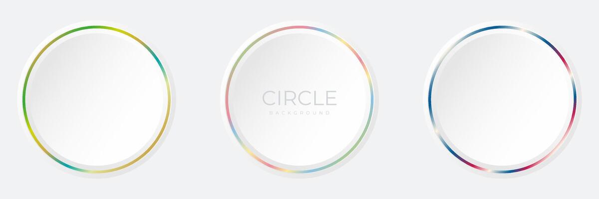 Set of colorful illuminate neon lighting circles frames on white background. Collection of glowing laser light round lines in top view. Abstract vibrant gradient color design.