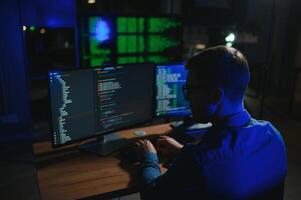 Male programmer working on desktop computer at white desk in office photo