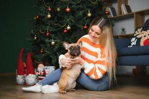 Little dog with owner playing and having fun. young teen girl sitting on the couch with her pet. Christmas tree in the background. soft selective focus photo