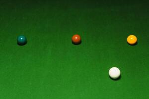 Snooker balls on the table in the pub at night. photo