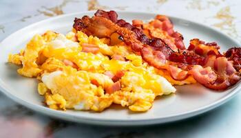 The photo of fried bacon and scrambled eggs on a plate on a white marble serving table