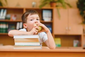 education and school concept - smiling little boy with many books at school photo