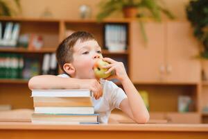 education and school concept - smiling little boy with many books at school photo