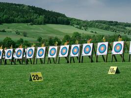 Row of training boards for archery in a field against a green background photo