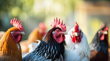 ai generado un grupo de pollos en pie siguiente a cada otro foto