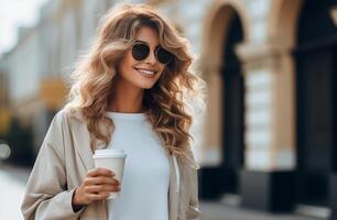 ai generado un mujer Bebiendo café desde un bolso en pie en el calle foto