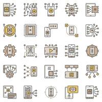 Artificial Intelligence in Smartphone colored icons. Phone with AI and Machine Learning Technology concept signs set vector