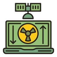 Laptop with Radiation symbol on screen connected with Satellite vector colored icon or design element