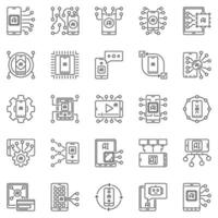 Artificial Intelligence Smartphone outline icons set - AI Mobile Technology concept symbols. Phone signs vector