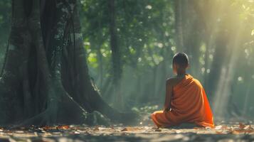 AI generated Buddhist monk in meditation beside a tree in the jungle photo