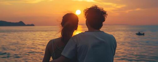 AI generated Back view of Caucasian couple at the beach during sunset photo
