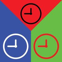 Clock Vector Icon, Outline style, isolated on Red, Green and Blue Background.