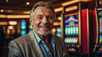 AI generated elderly gambling man playing casino slot machine cheerful photo