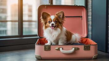 ai generado linda perro con un maleta en el Departamento foto