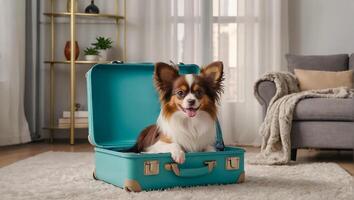 AI generated Cute dog with a suitcase in the apartment photo