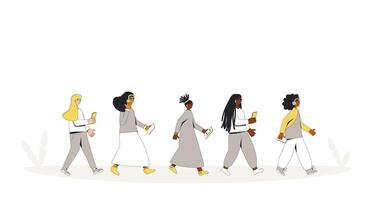 Female teenagers walking with phones and headphones walking. Girls listening to music, podcast, audiobook, lecture. Young multicultural people. Vector illustrator.