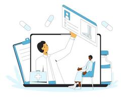 Online orthopedics medical consultation. Traumatologist with feet toe traumapatient. Telemedicine. Doctor distant advise. Health care by internet. Healthcare podiatrist services. Vector illustration.
