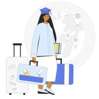 Student grant for obtaining education. Graduate immigration rout. Brain drain metaphor. Study and work abroad opportunity for skilled workers. Vector outline illustration.