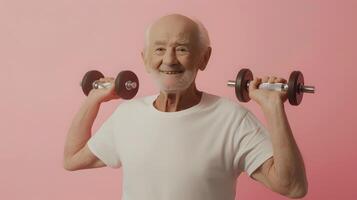 AI generated Senior Caucasian man doing exercise with dumbbell photo