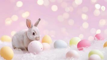 AI generated Cute rabbit and easter eggs. Concept of happy easter day. photo