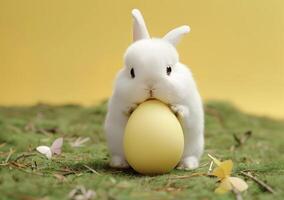 AI generated Cute bunny rabbit and easter egg. Concept of happy easter day. photo