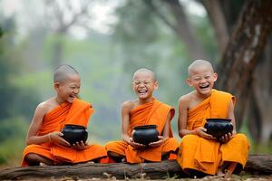 AI generated Three little Buddhist monks in rural area photo