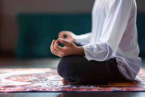 AI generated Religious Muslim man meditating in the mosque photo