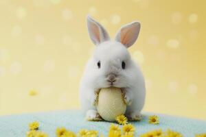 ai generado linda conejito conejo, Pascua de Resurrección huevo y flores concepto de contento Pascua de Resurrección día. foto