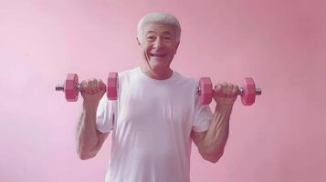 AI generated Senior Caucasian man doing exercise with dumbbell photo