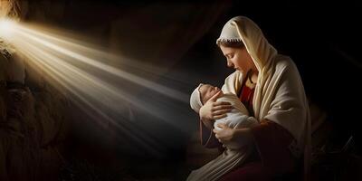 ai generado María abrazando bebé Jesús, hijo de dios, Navidad natividad escena foto