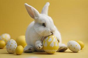 AI generated Cute bunny rabbit and easter eggs. Concept of happy easter day. photo