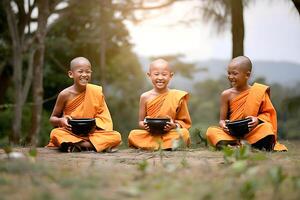 AI generated Three little Buddhist monks in rural area photo