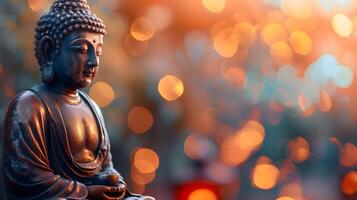 ai generado meditando zen Buda estatua con antecedentes de bokeh foto