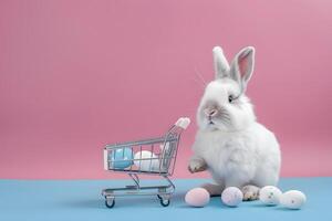 ai generado linda conejo, vistoso pintado Pascua de Resurrección huevos y un compras carretilla. concepto de contento Pascua de Resurrección día. foto