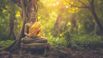 ai generado Buda estatua meditando cerca grande árbol. foto