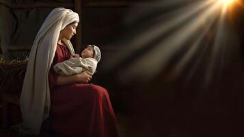 ai generado María abrazando bebé Jesús, hijo de dios, Navidad natividad escena foto