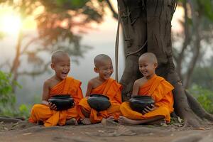 AI generated Three little Buddhist monks in rural area photo