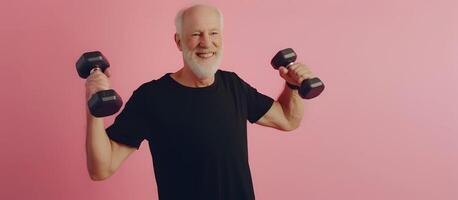 AI generated Senior Caucasian man doing exercise with dumbbell photo