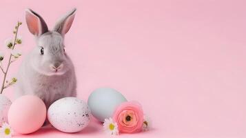 AI generated Cute rabbit, easter eggs and flowers. Concept and idea of happy easter day. photo