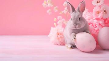 AI generated Cute rabbit, easter eggs and flowers. Concept and idea of happy easter day. photo