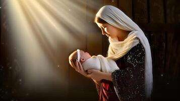 ai generado María abrazando bebé Jesús, hijo de dios, Navidad natividad escena foto