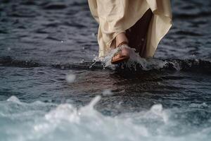 ai generado Jesús Cristo caminando en agua a mar. foto