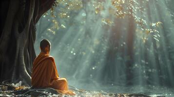 AI generated Buddhist monk in meditation beside a tree in the jungle photo