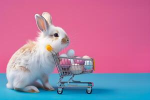 ai generado linda conejo, vistoso pintado Pascua de Resurrección huevos y un compras carretilla. concepto de contento Pascua de Resurrección día. foto