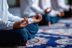 AI generated Closeup view of group of Muslim men meditating in mosque photo