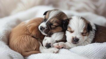 AI generated Snuggly Puppies, a litter of newborn puppies cuddled up together on a white blanket, with soft fur and sleepy expressions, background image, generative AI photo