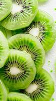 AI generated Slices of vibrant green kiwi arranged in a circular pattern on a white plate, generative AI, background image photo