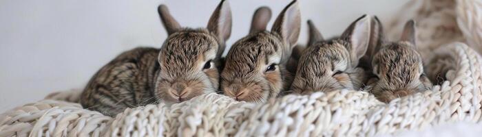 AI generated Tiny Bunnies, a litter of baby bunnies nestled in a cozy nest on a white background, background image, generative AI photo